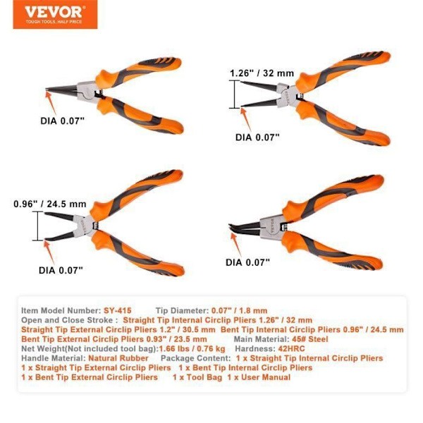 Långringstänger Set - VEVOR - Set med 4 låstänger Utanför Insidan Elastisk ringtång