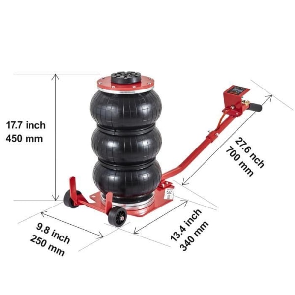 3 T pneumatisk domkraft - VEVOR - Billyft domkraft 14-45 cm 3 luftkuddar - röd