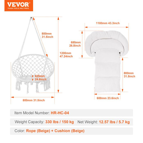 Hängfåtölj-VEVOR-Belastning 150 kg-Macramé Vridbar Hängstol, Dyna-för sovrum, trädgård, inomhus, utomhus-beige