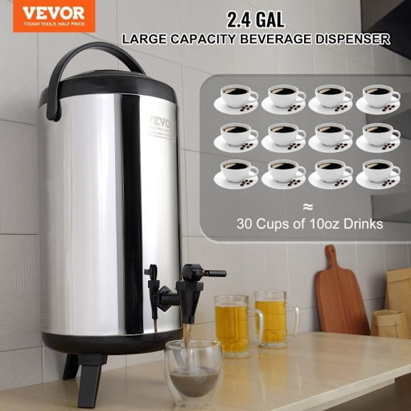 Isolerad vattenfontän - VEVOR - 9,2L isolerad dryckesautomat i rostfritt stål Varm- och kallvattenfontän, 240 x 475 mm