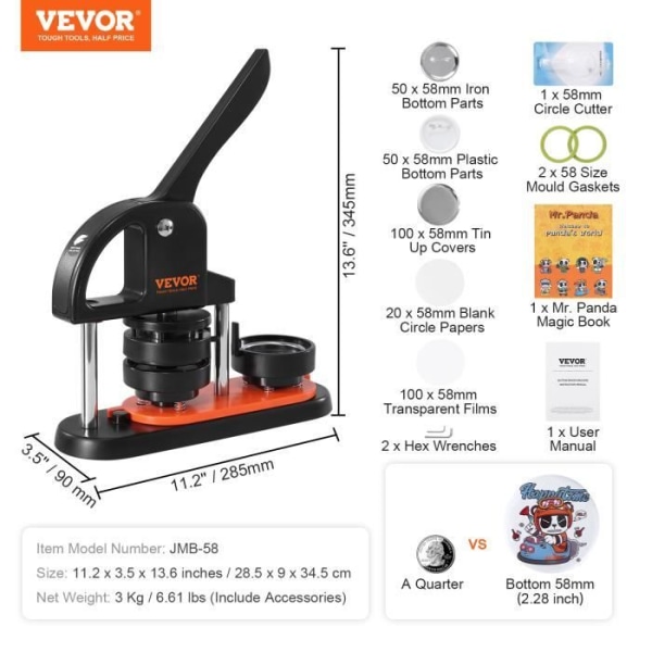 Badge Machine - VEVOR - Badge Making Machine 58mm Pin Badge Press med 100 knappsatser