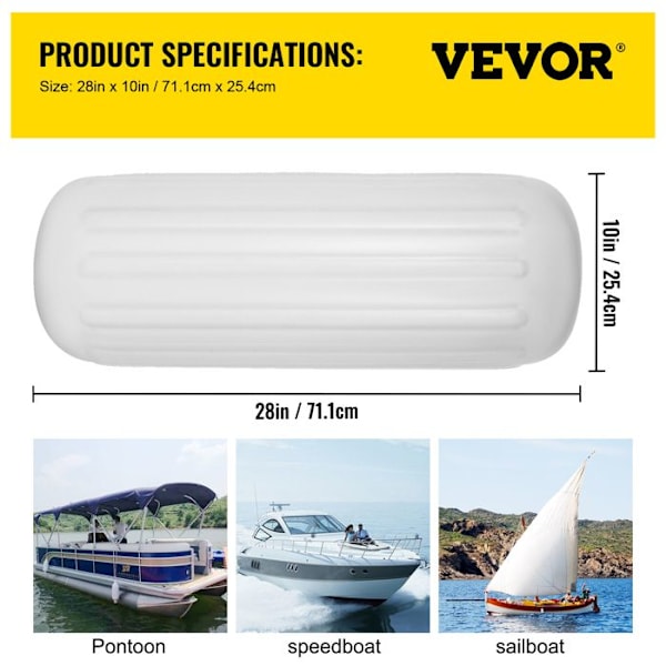Stänkskärmar-VEVOR-4st-10"x28"-Mellanhål-4 rep-Lätt att blåsa upp-Installera-Skydda kanoter Pontonger Båtar Docka-Vit