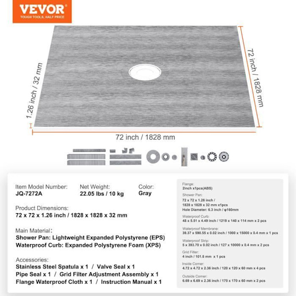 Duschomslutningssats - VEVOR - 1828 x 1828 x 32 mm med central fläns 2" ABS vattentätt membran och vattentät list