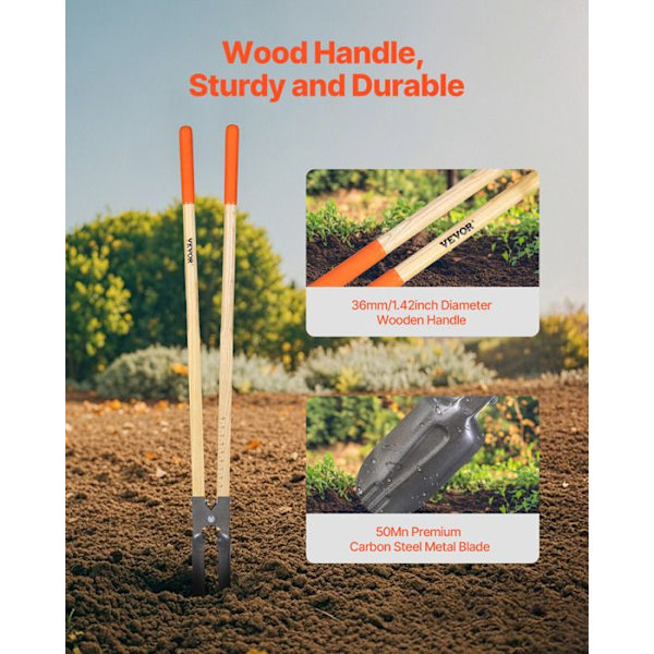 Robust Toppåhålspade - VEVOR - 1460 mm - med graderade markeringar och metallblad - med trämanschett
