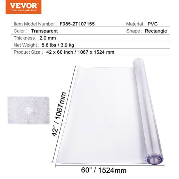 Transparant PVC Bordduk-VEVOR-1067x1524 mm-Tjocklek 2 mm-Rektangulär-Vattenbeständig-Lätt att rengöra
