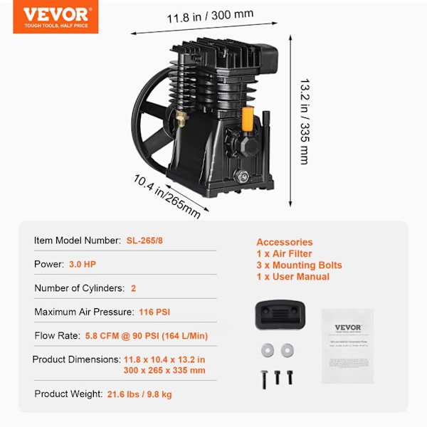 Luftkompressorpumphuvud-VEVOR-2-cylindrig oljesmord kolvpump Huvudflöde 164 L/min 5,8 CFM vid 90 PSI