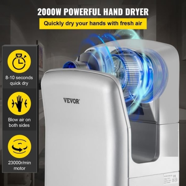 Elektrisk handtork - VEVOR - VV-JHD-YS - 2000W - HEPA-filtrering - Silver
