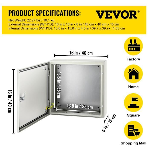 Kolstålkapsling NEMA-VEVOR-40x40x15 cm-NEMA 4X IP66-Vattentät och dammtät-med monteringsplatta
