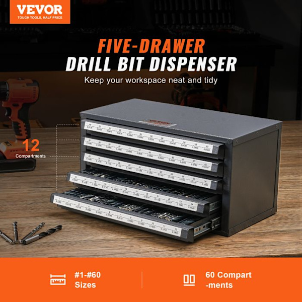 Borrbitsdispenser -VEVOR-Lätt identifiering Stapelbar verkstadsborrlagring-Grå med orange struktur