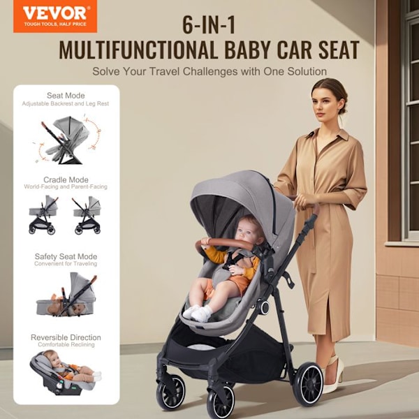 3 i 1 Combo Barnvagn Travel System-VEVOR-Carbon Steel Barnvagnsram, för Newborn-Mörkgrå Svart