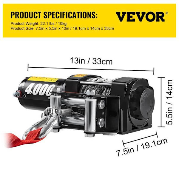 1815KG elektrisk vinsch - VEVOR - 12V - Trådlös fjärrkontroll linvinschvagn