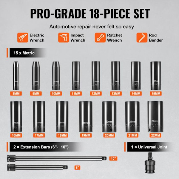 Deep Impact Socket Set - VEVOR - Metrisk 8-22 mm - 18 delar - för fordonsunderhåll, tydliga markeringar