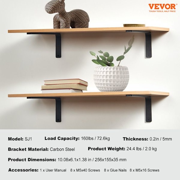 Hyllfästen-VEVOR-256 x 155 mm-4 stycken-5 mm tjocka mattsvarta L-formade hyllfästen