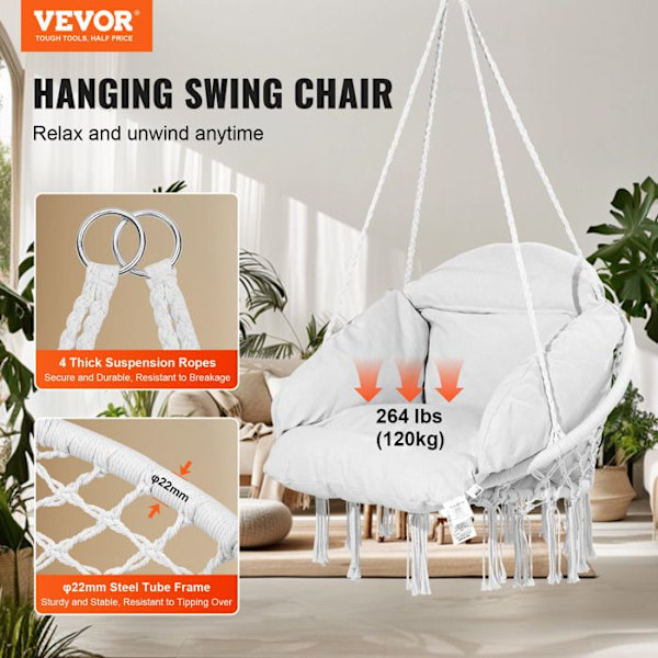 Hängfåtölj-VEVOR-Macramé Swivel Hängstol, Dyna-för sovrum, Terrass, Trädgård, Inomhus, Utomhus-Vit