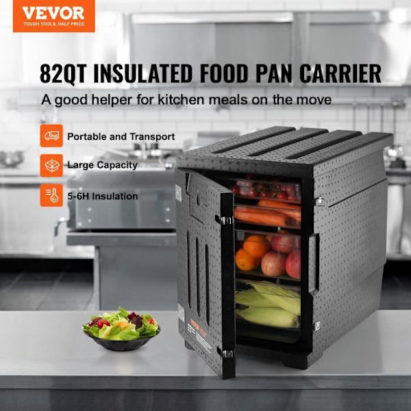 Isolerad behållare - VEVOR - 640 mm x 435 mm x 600 mm, med dubbla öglor, 90 L, svart, för restauranger, matsalar mm.