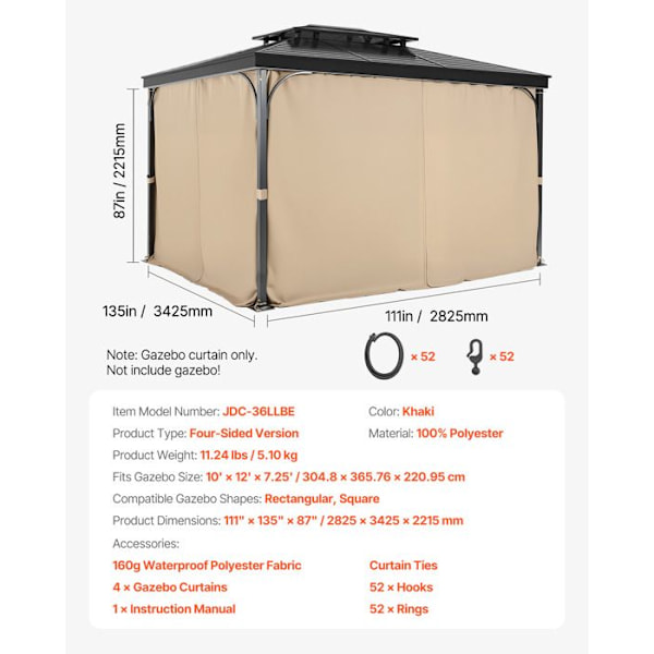 Integritetsgardin för Vattentät Utomhustält-VEVOR-Gardiner för Pergola-282 x342 x221 cm-4 Paneler-Kaki