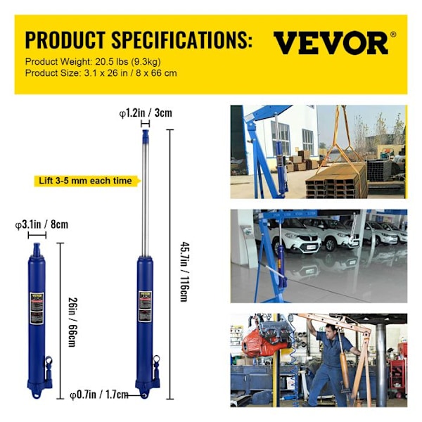 Lång hydraulcylinder för verkstadskran 8 T-VEVOR-Hydraulstång för getlyftmotor, bilunderhåll-blå