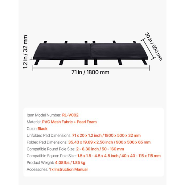 Basketbollstolpe Kudde-VEVOR-30x1800 mm-Robust Fyllning Som Omsluter Stolpen-för Runda och Fyrkantiga Stolpar-Svart