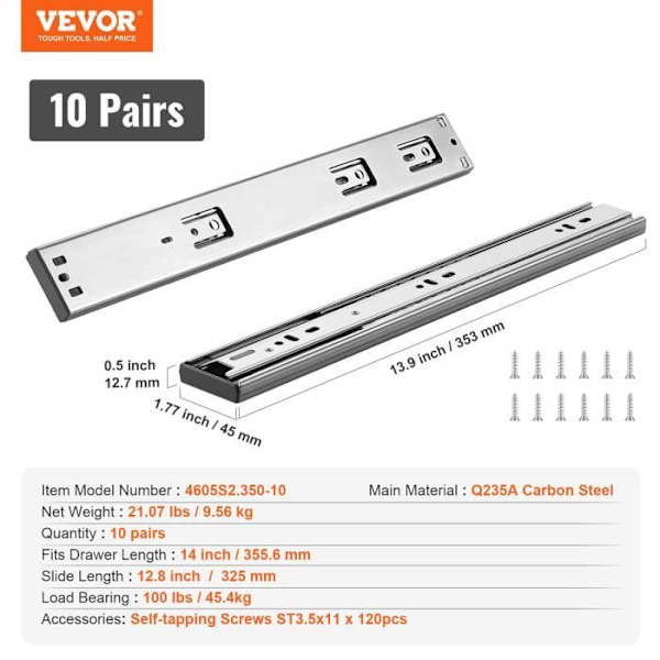 Lådslider - VEVOR - 10 par, 353 x 45 x 12,7 mm, 45,4 kg, kolstål, lämplig för lådlängd 355,6 mm