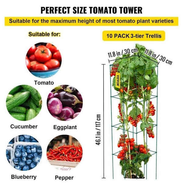 Tomatburar-VEVOR-30x30x117 cm-10ST-Kvadrat-PVC-beläggning-Stål-Grön-Klättrande grönsaker, växter, blommor, frukter