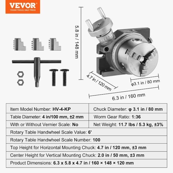 Fräsroterande bord - VEVOR - 100 mm, 3-käftchuck 80 mm, för frästeknikindexeringsverktyg