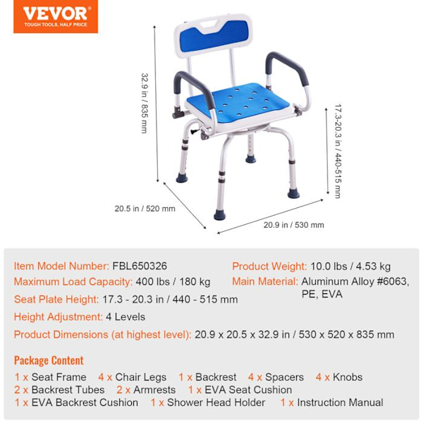 Svängbar duschstol-VEVOR-360 grader-Armstöd-Ryggstöd-Belastning 400 lbs-Äldre funktionshindrad skadad
