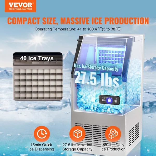Ice Cube Machine - VEVOR - 38kg-24h 40 Ice Cube Brickor Lagringskapacitet 12,5 kg för Home Restaurant Bar