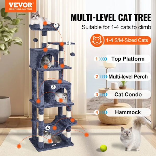 Cat Tree - VEVOR - med 2 Cat Condos, Sisal-skrapstolpe, Hängmatta, Top Perch - Large Cat Activity Center