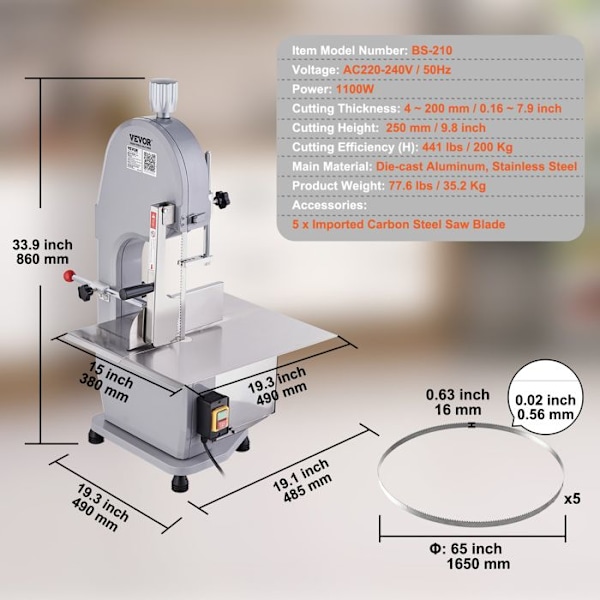 Kommersiell elektrisk slaktarbensåg-VEVOR-1100 W-4-200 mm tjocklek för stormarknad, restaurang