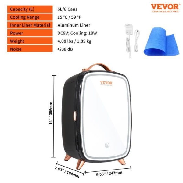 Minikylskåp 6 L - VEVOR - Mini Bärbar USB Kosmetisk Kylskåp - Litet Kosmetisk Kylskåp HD och LED Spegelkylning - Svart
