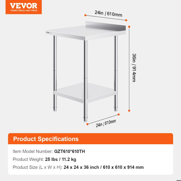 Förberedningsbord i rostfritt stål - VEVOR - 610 x 610 x 914 mm - för kulinarisk, hushålls- och bruksbruk
