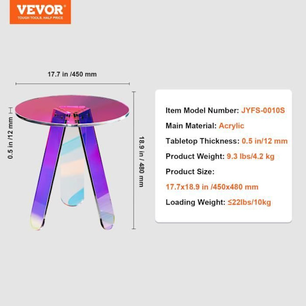 Akrylbord - VEVOR - 450 x 480 mm, maximal belastning 10 kg, Cirkulärt, För sängbord, vardagsrum, sovrum, balkong