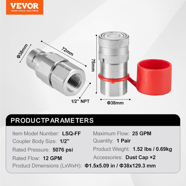 Flat Face Hydrauliska kopplingar-VEVOR-Quick Connect Hydrauliska kopplingar för kompakt styrning 1/2" NPT