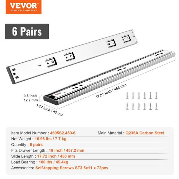 Lådslider - VEVOR - 6 par, 453 x 45 x 12,7 mm, 45,4 kg, kolstål, lämplig för lådlängd 457,2 mm