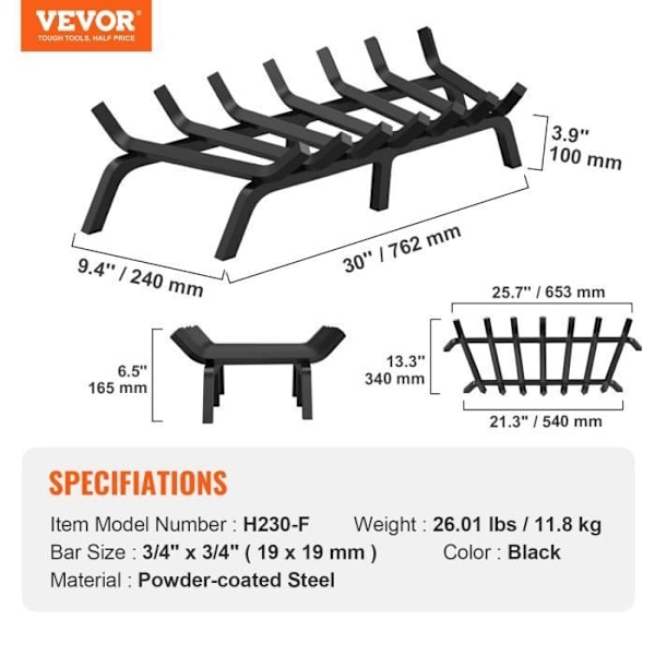 Braskaminhållare - VEVOR - 762 mm med 6 stödfötter, 19 mm pulverlackerade massiva stålstänger, svart