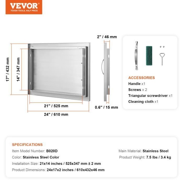 Grilldörr-VEVOR-61x43,2x4,6 cm-Vändbar infälld dörr i rostfritt stål-Grillö