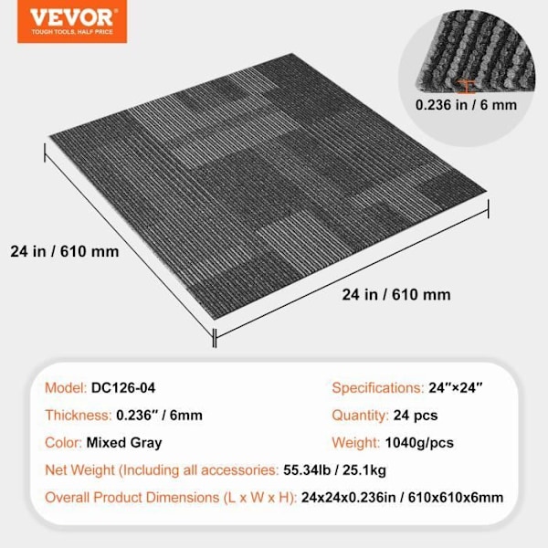 Återanvändbara mattor-VEVOR -61x61 cm-24ST-Skyddar hårda golv-sovrum, vardagsrum-blandat grått