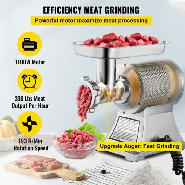 Professionell elektrisk köttkvarn - VEVOR - 150 kg-h - 1100 W - Korvmaskin - Grönsaksskärning