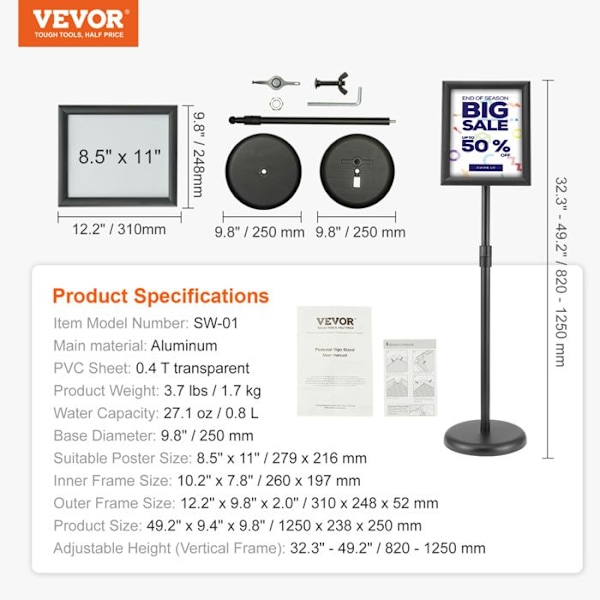 Affischhållare -VEVOR-279 x 216mm-Stående displaystativ 360° rotation Justerbar höjd 820-1250 mm