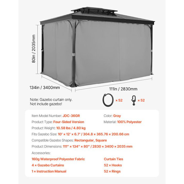 Integritetsskärm för Vattentät Utomhusmarkis-VEVOR-Gardiner för Pergola-283x340x203 cm-4 Paneler-Grå