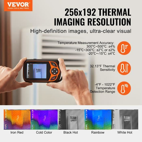Värmekamera - VEVOR - Upplösning 256 x 192, med WiFi, 25 Hz uppdateringsfrekvens, 3,2" pekskärm, räckvidd -20°C - 550°C
