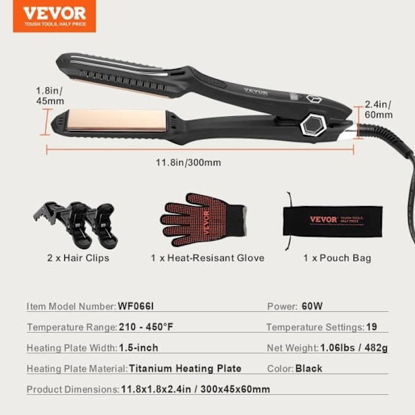 Plattång - VEVOR - 300 x 45 x 60 mm Titanium Flat Iron Double Infrared Technology, för frisörsalong, hem, resor