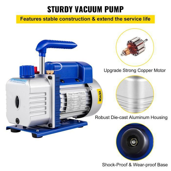 Vakuumpump 9 CFM - VEVOR - 2 steg 1 HP - Luftkonditionering Kylning Roterande ångavbubbling Blå och Silver