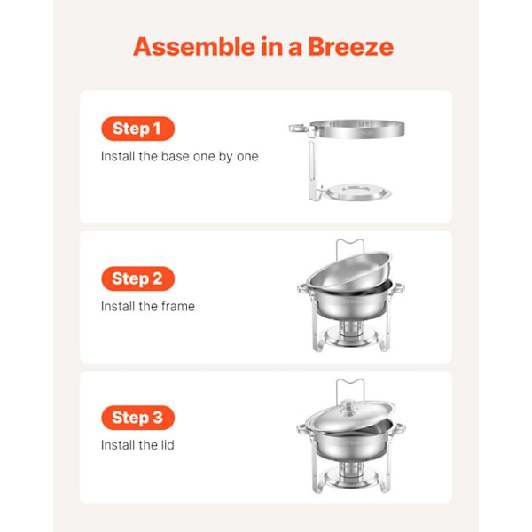 Chauffe-Plat-VEVOR-4PCs 4,7 L-Buffet Värmare Rund-6-Rostfritt Stål-Med Glaslock