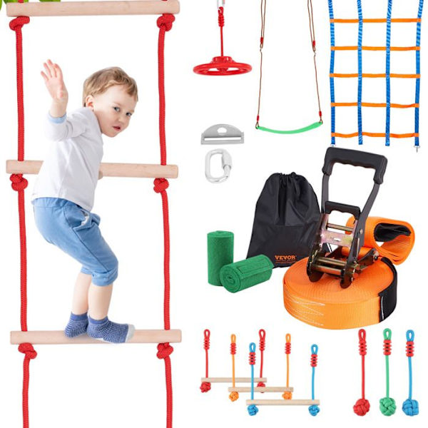 Ninjabana för barn Slackline Kit-VEVOR-2x15,24m-med klätternät Monkey Bar för trädgården