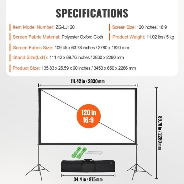 Projektionsduk på stativ - VEVOR - Bärbar stativ projektionsduk 120 tum 16:9 för videoprojektor