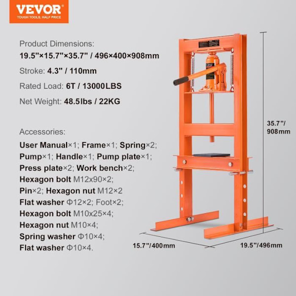 6 T Hydraulisk Bänkpress - VEVOR - Bilsvep Bänktryck 110 mm