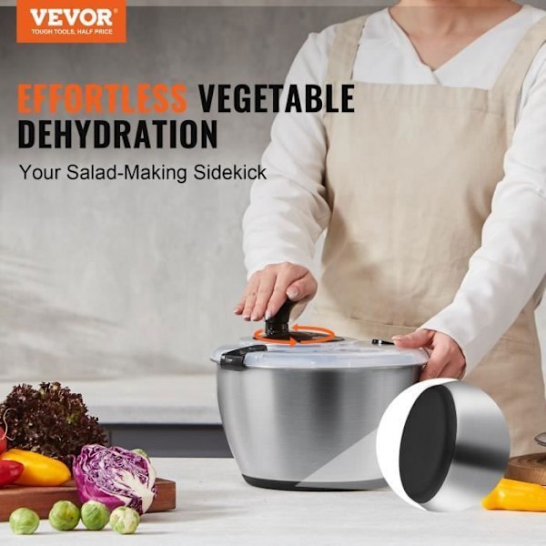 Salladssnurra - VEVOR - Rostfritt stål 4,5L, 250x250x210mm med lock i rostfritt stål för torkning av grönsaker BPA-fri