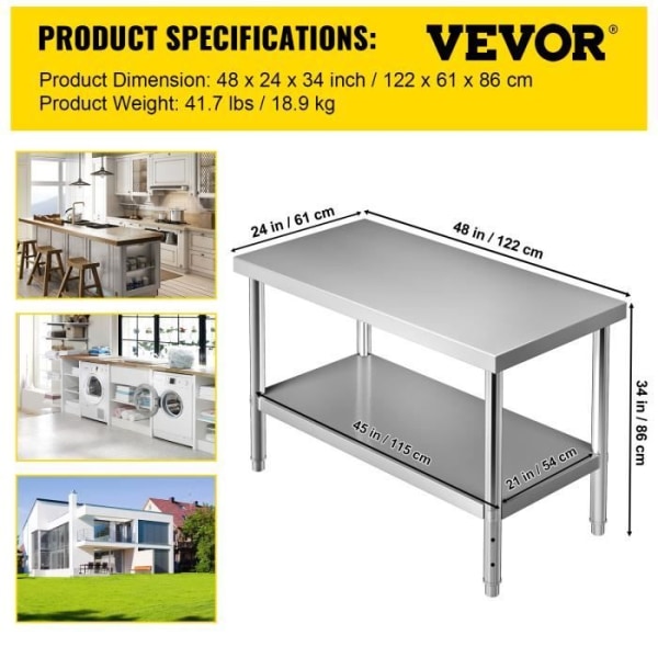 Bänkskiva i rostfritt stål - VEVOR - 122x61x86 cm - Justerbar nedre hylla - Prep-bord - Kök Garage