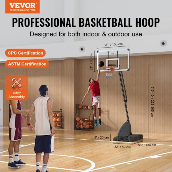 Basketbackboard - VEVOR - Basket Hoop Basketbackboard 138cm Justerbar höjd 232-305 cm Utomhus inomhus